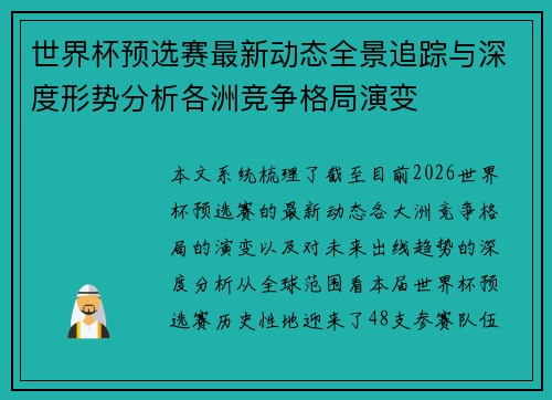 世界杯预选赛最新动态全景追踪与深度形势分析各洲竞争格局演变